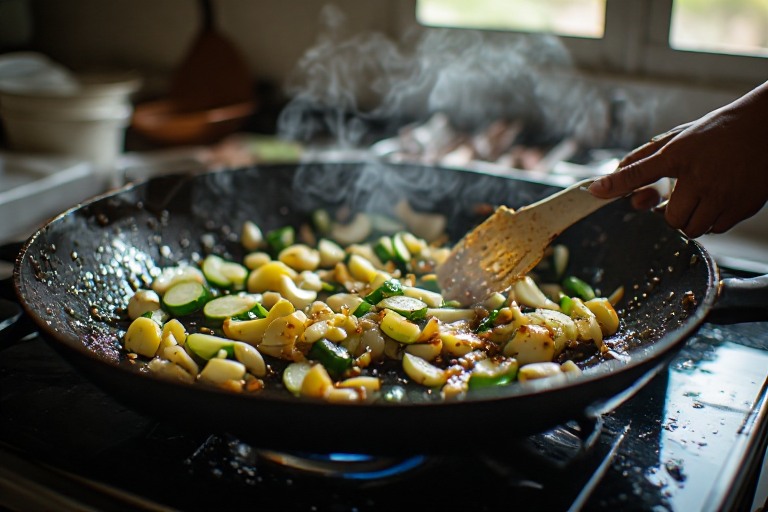 Sayuran ditumis dengan sedikit minyak dalam wajan yang tidak terlalu penuh