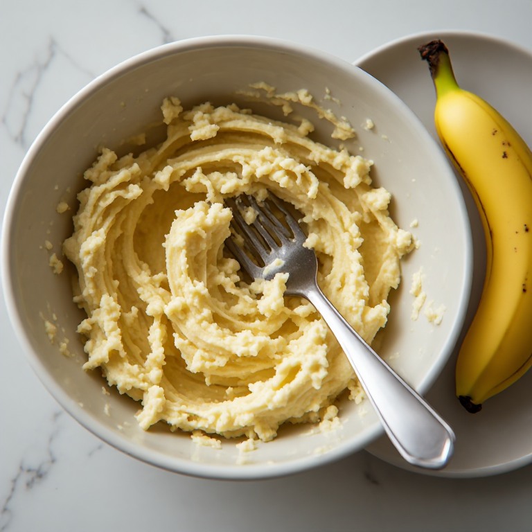 Pisang dilumatkan dengan garpu hingga lembut dengan sedikit serpihan kecil tersisa.