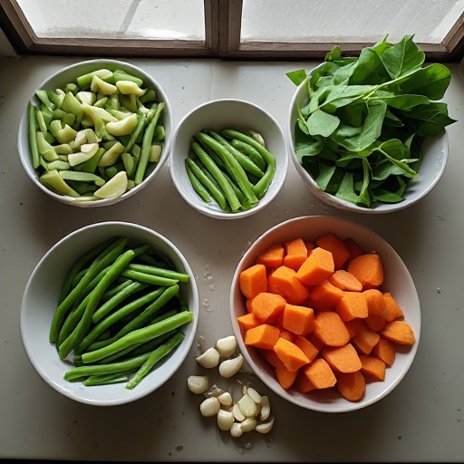 Sayuran padat, kacang panjang, batang sawi, daun sawi, dan bawang iris disiapkan dalam wadah terpisah