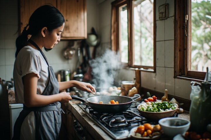 Pemula mempraktikkan teknik dasar memasak menggunakan wajan dan panci di dapur rumah