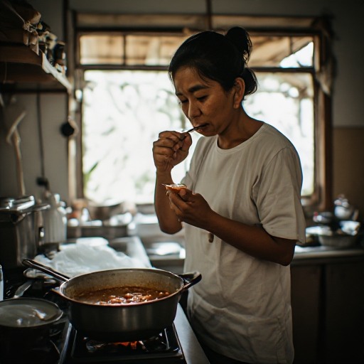 Mencicipi masakan untuk mengecek dan menyesuaikan rasa sebelum disajikan.
