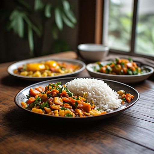menu rumahan sederhana berupa nasi, tumis sayur, telur, dan lauk untuk latihan memasak