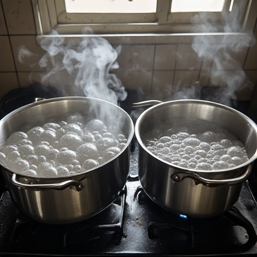 Perbedaan visual antara air yang mendidih kuat dan cairan yang dimasak dengan simmer