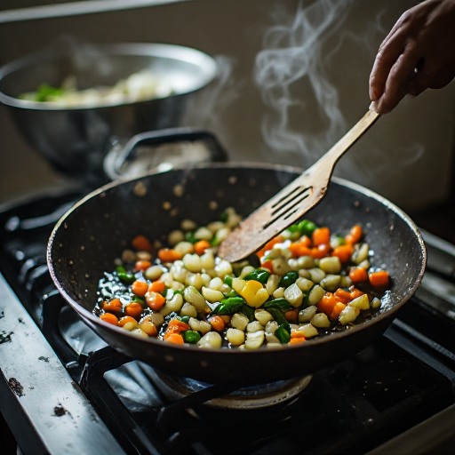 sautéing shallots and mixed vegetables in a normal frying pan
